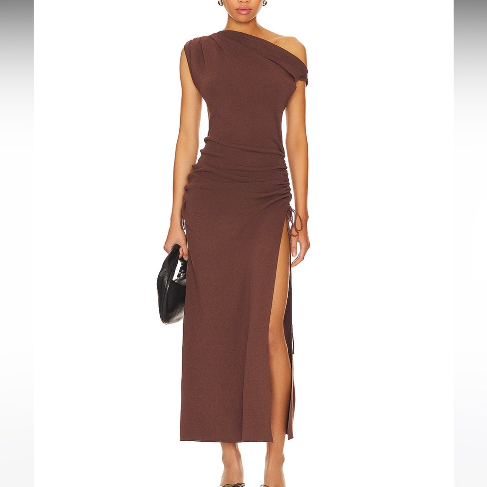 Lioness One-Shoulder Brown Ruched Side-Slit Maxi Dress